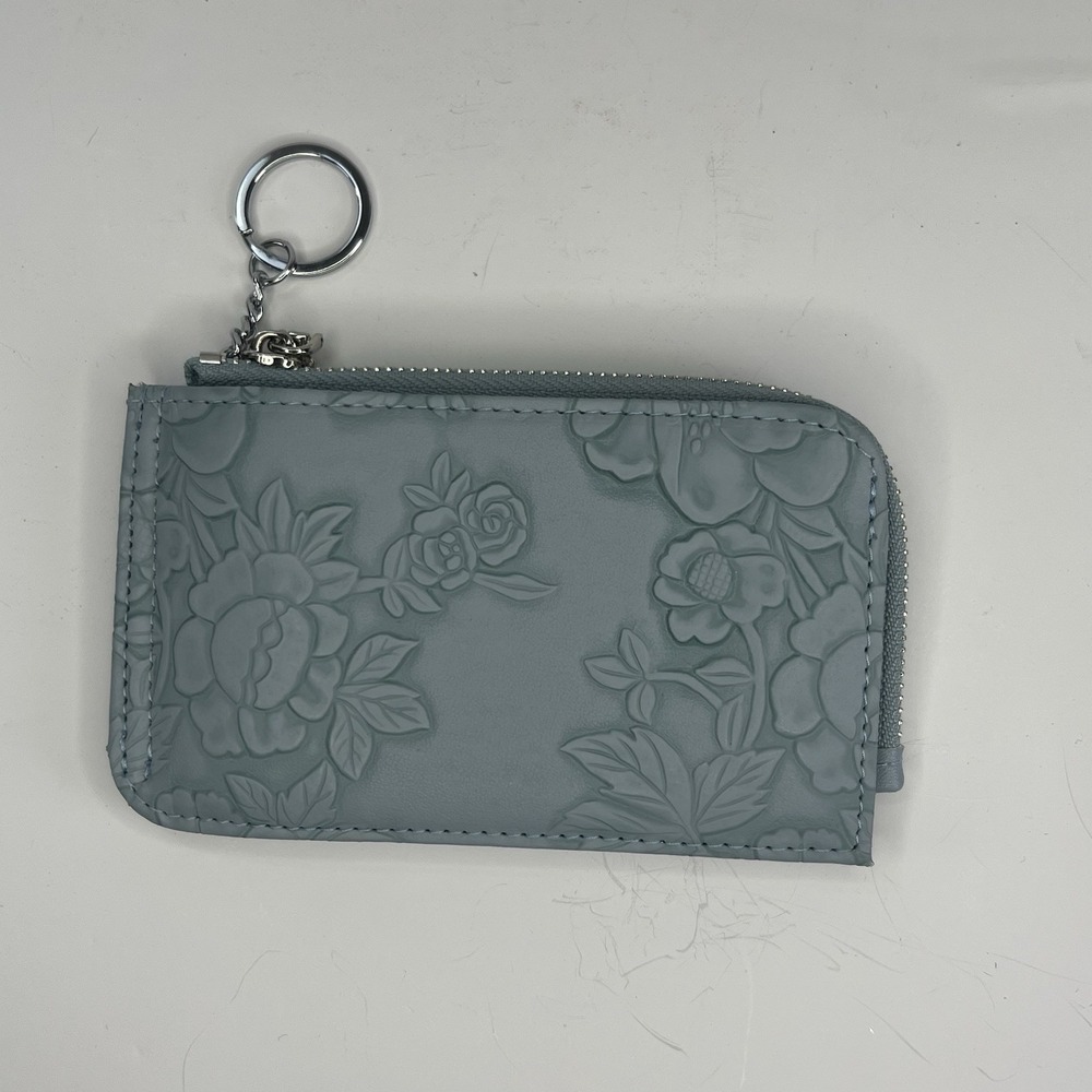 Unbranded Floral Embossed Card Holder Women Blue Excellent Zip Keychain Wallet